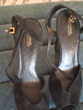 Michael Kors Black Leather Slingback Heels with Gold Buckle Accent